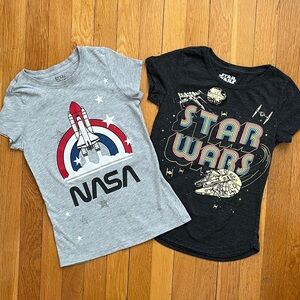 Set of 2 Girls Size 7 / 8 Space Themed T-Shirt Tee Tops NASA & Star Wars